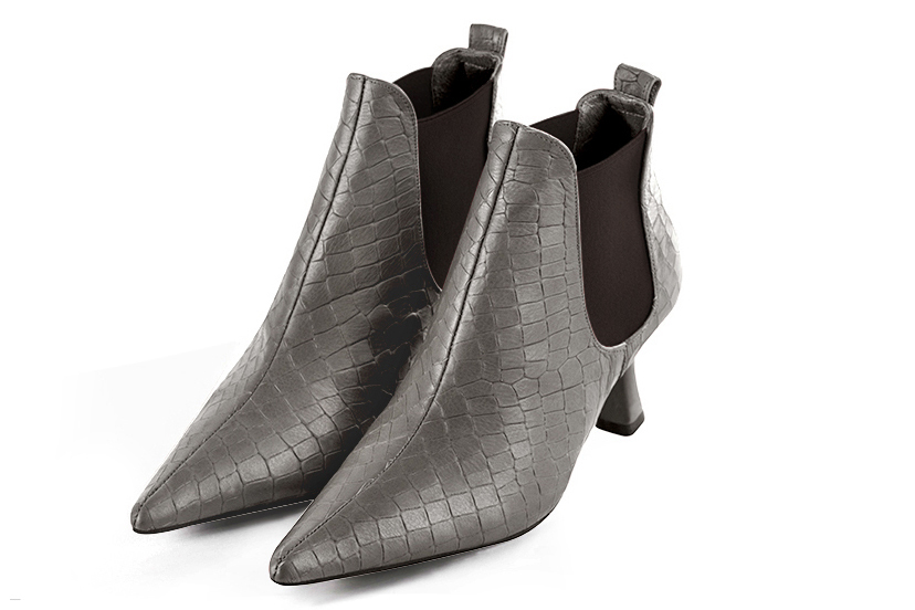 Ash grey and dark brown women's ankle boots, with elastics. Pointed toe. Medium spool heels. Front view - Florence KOOIJMAN